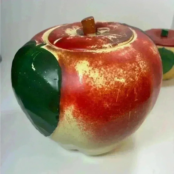 Set of 2 1940s Hull Pottery Blushing Apple canisters: 8”  and 5” with lids - Picture 9 of 12